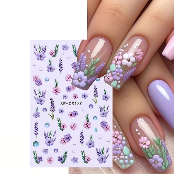 Nail Art Water Decals Stickers Transfers Spring Summer Flowers Floral Fern Leaf Petals (CS130)