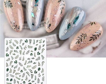 Nail Art Water Decals Stickers Transfers Winter Fall Autumn Green Botanical Flowers Floral Fern Leaf Floral Glover Glovers (WG069)