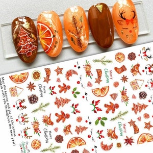 Nail Art Stickers Decals Christmas Cookies Gingerbread Men Holly Oranges Mistletoe Holly Stags Head (797)