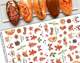Nail Art Stickers Decals Christmas Cookies Gingerbread Men Holly Oranges Mistletoe Holly Stags Head (797)