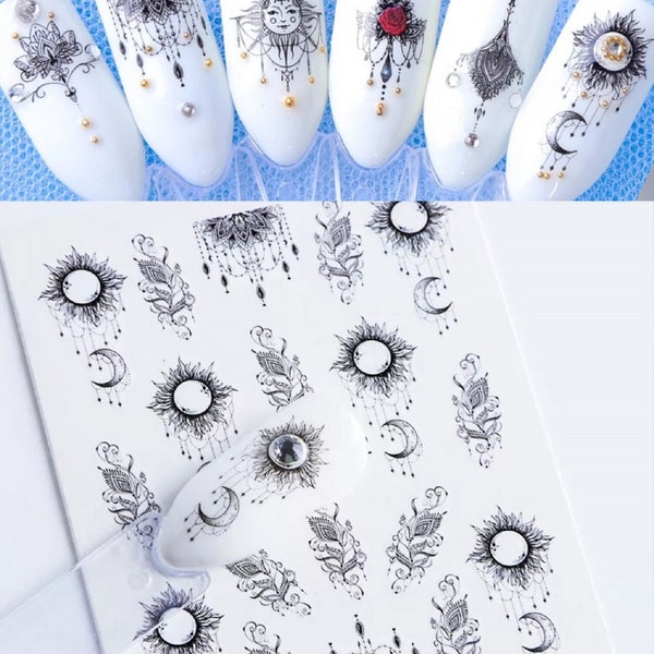 Stickers aquatiques nail art Stickers décalcomanies Capteurs de rêves soleil et lune noirs Bijoux en dentelle