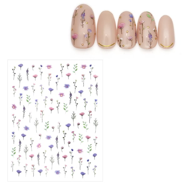 Nail Art Water Decals Stickers Transfers Spring Summer Botanical Flowers Dried Floral Fern Lavender Petals (HAN183)