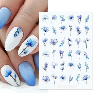 Nail Art Water Decals Stickers Transfers Spring Summer Watercolor effect Powder Blue  Flowers Floral Fern Leaf Petals (S016)