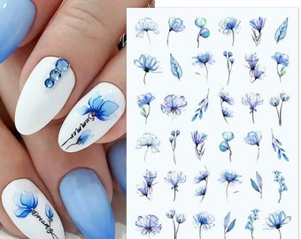 Art pour ongles Stickers aquatiques Stickers transferts printemps été effet aquarelle fleurs bleu poudré floral pétales de feuille de fougère (S016)