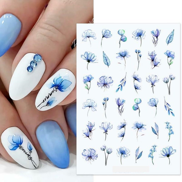 Art pour ongles Stickers aquatiques Stickers transferts printemps été effet aquarelle fleurs bleu poudré floral pétales de feuille de fougère (S016)