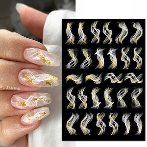 Nail Art Stickers Transfers Decals Black White Gold Marble Effect Watercolor Ripples Lace French Line Swirl Wave (S025)