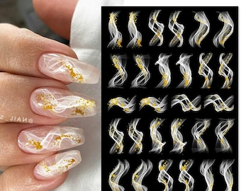 Nail Art Stickers Transfers Decals Black White Gold Marble Effect Watercolor Ripples Lace French Line Swirl Wave (S025)