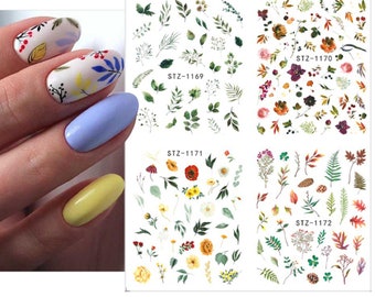 Nail Art Water Decals Stickers Transfers Spring Summer Wild Flowers Floral Tulips Fern Lavender Bamboo Leaves Botanical