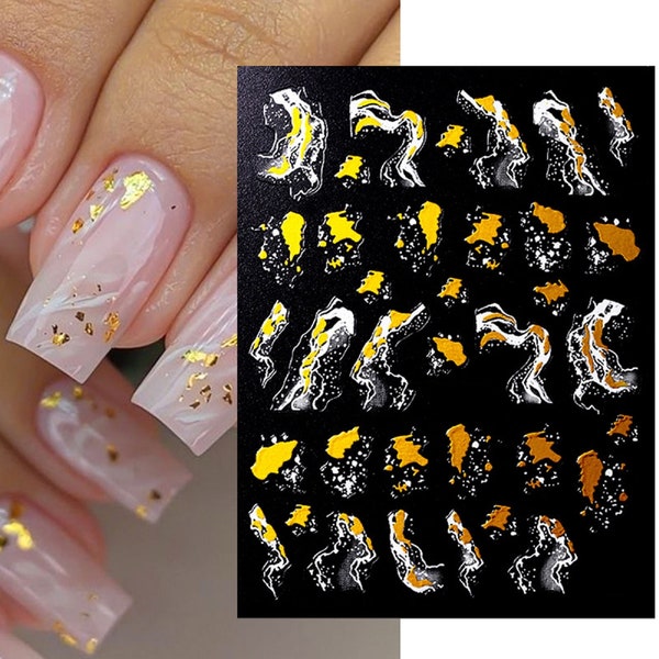 Nail Art Stickers Transfers Decals White Gold Marble Effect Watercolor Ripples Lace French Line Swirl Wave (C086)