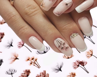 Nail Art Water Decals Wraps Transfers Stickers Water Effect Flowers Brown Beige Tulips Floral (F199)