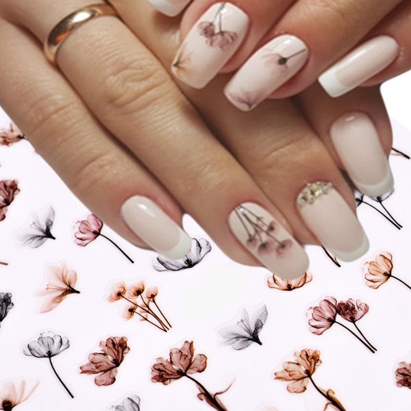 Nail Art Water Decals Wraps Transfers Stickers Water Effect Flowers Brown Beige Tulips Floral (F199)