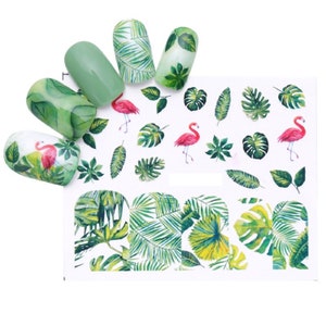 Décalcomanies aquatiques pour ongles Stickers transferts printemps été Feuilles vertes florales palmiers vacances tropicales flamants roses flamants roses (BN866)