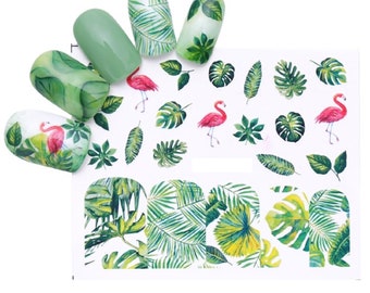 Décalcomanies aquatiques pour ongles Stickers transferts printemps été Feuilles vertes florales palmiers vacances tropicales flamants roses flamants roses (BN866)