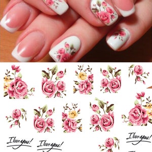 Nail Art Water Decals Stickers Transfers White Pink Roses Flowers Floral (A403)