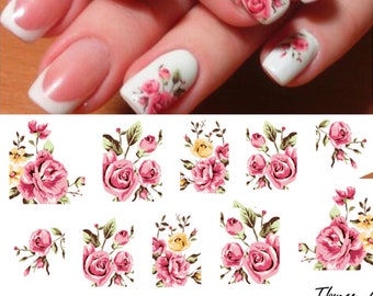 Nail Art Water Decals Stickers Transfers White Pink Roses Flowers Floral (A403)