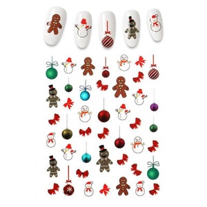 Nail Art Water Decals Stickers Christmas Snowman Gingerbread Man Bows Baubles (W222)