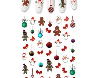 Nail Art Water Decals Stickers Christmas Snowman Gingerbread Man Bows Baubles (W222)