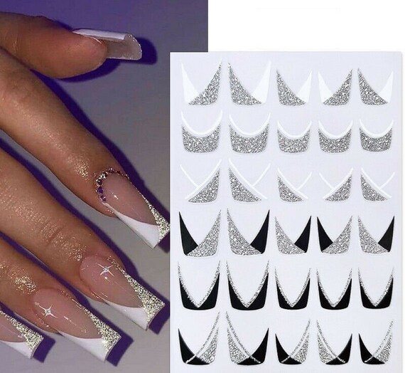 Nail Art Stickers Glitter Silver White French Design Self-adhesive Nail Art