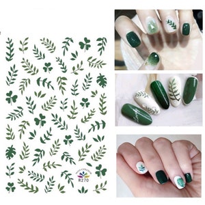 Nail Art Water Decals Stickers Transfers Winter Fall Autumn Green Botanical Flowers Floral Fern Leaf Floral Glover Four Leaf Glovers (270)