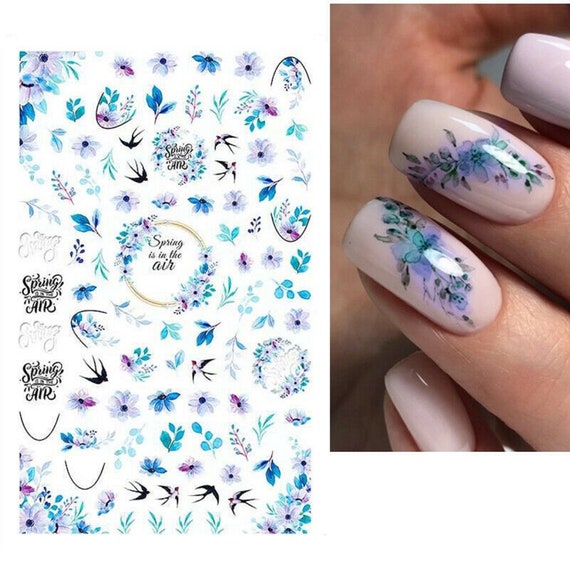 Nail Art Water Decals Stickers Transfers Spring Summer Flowers Floral Fern Leaf Petals 850