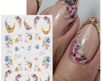 Nail Art Water Decals Stickers Transfers Spring Summer Flowers Floral Fern Leaf Petals Lines (PM131)