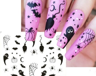 Nail Water Decals Transfers Halloween Ghost Spiders Spider Web Bats Pumpkins (1271)