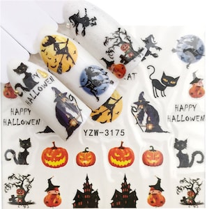 Nail Art Stickers Nail Water Decals Transfers Wraps Halloween Pumpkin Haunted House Cat Witch Witches Broom  Moon 3175