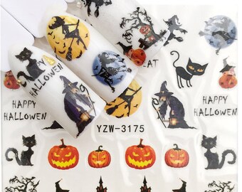 Nail Art Stickers Nail Water Decals Transfers Wraps Halloween Pumpkin Haunted House Cat Witch Witches Broom  Moon 3175