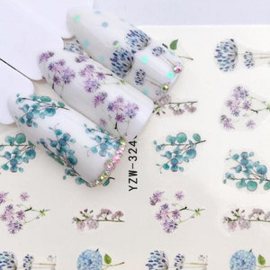 Nail Art Water Decals Stickers Transfers Spring Summer Blue Purple Flowers Floral Fern Leaf (3240)