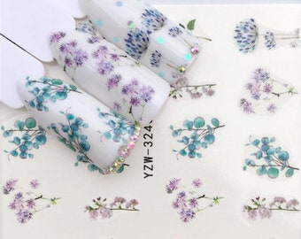 Décalcomanies aquatiques pour nail art Stickers décalcomanies Printemps-Été Fleurs bleues violettes Feuille de fougère florale (3240)