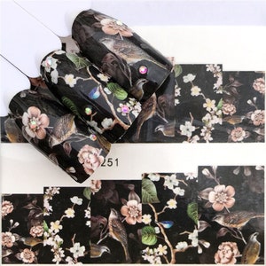 Nail Art Water Decals Stickers Transfers Black Purple Flowers Floral Oriental Japanese (3251)