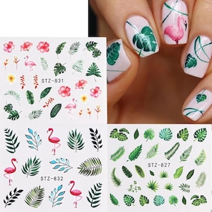 Nail Art Water Decals Stickers Transfers Spring Summer Green leaf leaves Floral Palm Trees Tropical Holidays Flamingo Flamingos