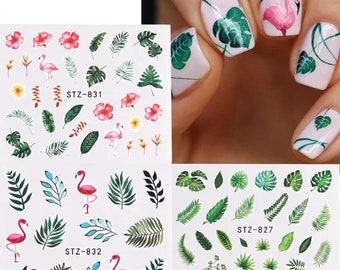 Nail Art Water Decals Stickers Transfers Spring Summer Green leaf leaves Floral Palm Trees Tropical Holidays Flamingo Flamingos