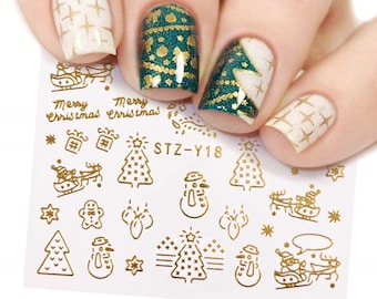 Nail Art Water Decals Stickers Metallic Gold Silver Christmas Snowflakes Reindeer Tree Santa Claus Snowman Baubles Gingerbread