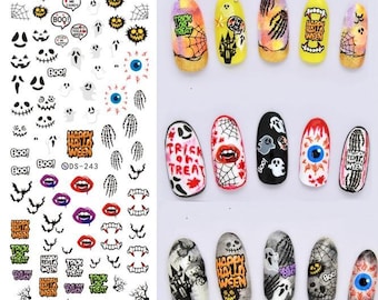 Nail Water Decals Transfers Halloween Ghosts Pumpkin Faces Pumpkins Spiders Spider web Skelton Hands Vampire Lips Trick or Treat (DS243)