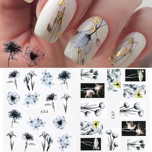 Nail Art Water Decals Stickers Transfers Watercolor Spring Summer Roses Flowers Floral Tulips Fern Wild Black Mono