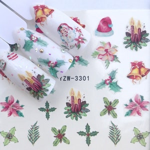 Nail Art Water Decals Stickers Christmas Bells Santa Clause Hat Holly Cross Fern Leaf  Candles (3301)