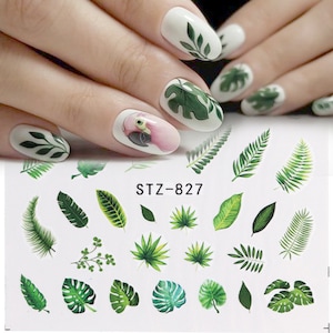 Décalcomanies aquatiques pour ongles Stickers décalcomanies Printemps-Été Feuilles vertes Fleurs Palmiers Vacances tropicales (827)