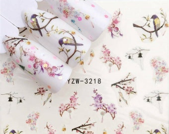Nail Art Water Decals Stickers Transfers Spring Summer Flowers Floral Cherry Blossom Oriental Japanese Vintage Birds Fern