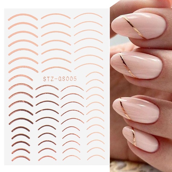 Nail Art Stickers Transfers Decals Metallic Rose Gold Lace Abstract Lines French Line Manicure  Geometric (STZGS005rg)
