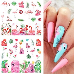 2 SHEETS  Nail Art Water Decals Stickers Transfers Spring Summer leaf leaves Floral Palm Trees Tropical Holidays Flamingo Flamingos (A1544)