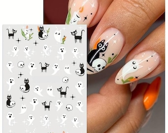 Nail Art Stickers Decals Halloween Spoken Varenblad Zwarte Katten Schedels Bloemen (PM222)