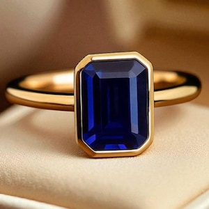 Emerald Cut Sapphire Ring 10k Solid Gold Wedding Ring Solitaire Blue Sapphire Ring September Birthstone Handmade Jewelry Anniversary Gift
