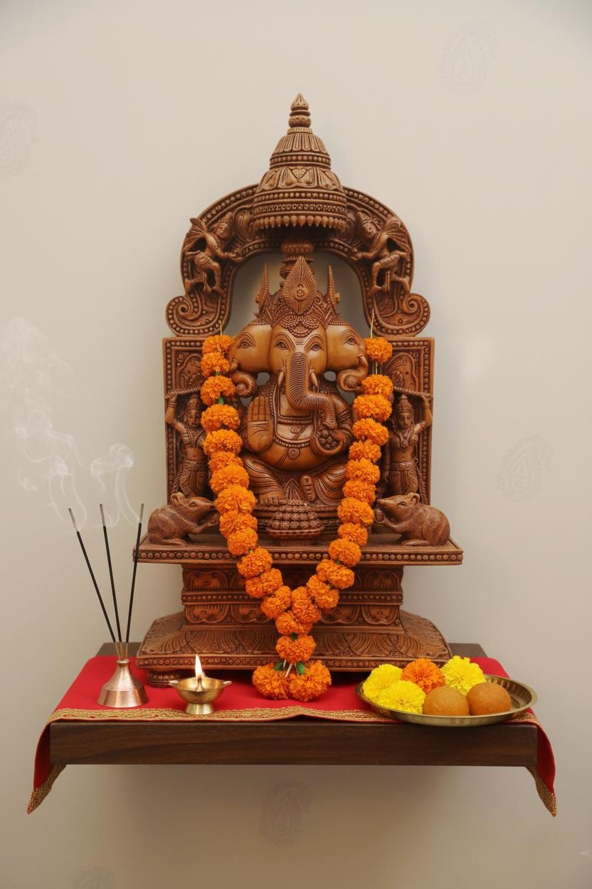 手彫りの木製ガネーシャ像、幸運を呼ぶ新築祝いのギフト、16インチ