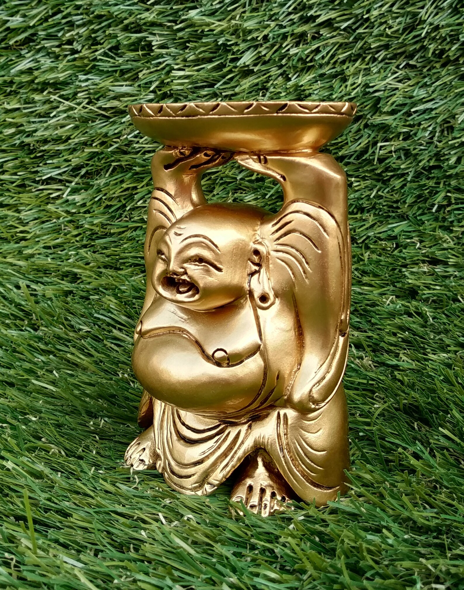 Laughing Buddha Statue Brass Look/wooden Hand Etsy