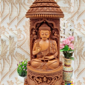 Lord Buddha Statue 32 Inch Big, Wooden Buddha Idol, Super Fine Hand Carved Sculpture in Wood, God of Peace and Wisdom, Best Home Decor Gift