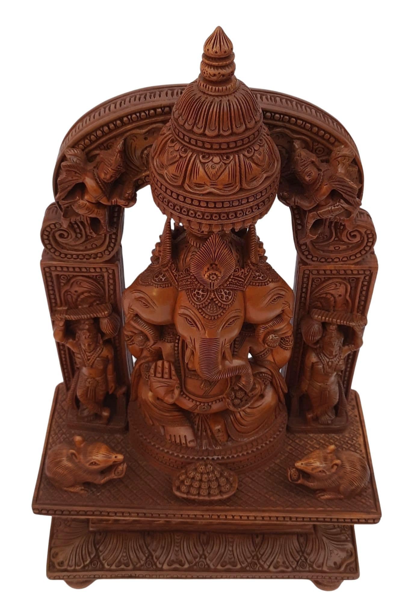 手彫りの木製ガネーシャ像、幸運を呼ぶ新築祝いのギフト、16インチ