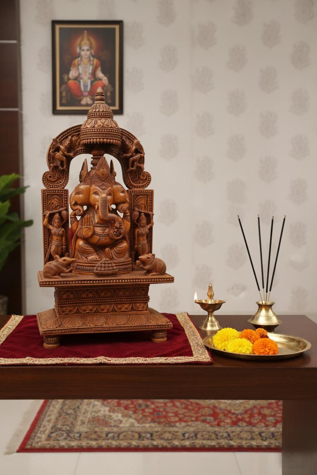 ガネーシャ神像 16インチ 木製ガンパティアイドル 超精巧な木製手彫り