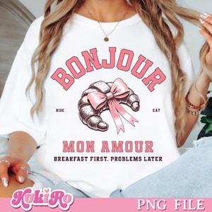 Bonjour Png Coquette noeud croissant Png Petit déjeuner parisien Png Boulangerie brunch vintage Png Petit déjeuner drôle premiers problèmes plus tard png Français png