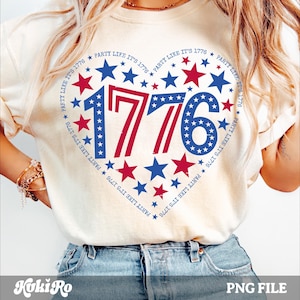 Corazón PNG de 1776. ¡Fiesta como si fuera 1776! Estrellas patrióticas, rojo, blanco y azul. Diseño de camiseta de sublimación de EE. UU. para el 4 de julio. Día de la Independencia. Corazón PNG con estrellas.